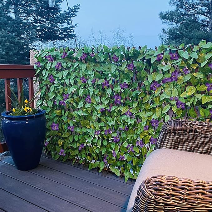 GLANT Expandable Fence Privacy Screen for Balcony Patio Outdoor,Decorative Faux Ivy Fencing Panel,Artificial Hedges (Single Sided Leaves) (4, Purple Flowers)