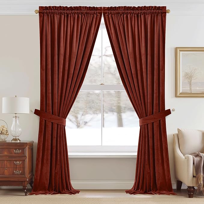 StangH Rust Curtains 90 inches - Luxury Velvet Holiday Home Decor Brick Red Light Blocking Backdrop Curtains Thick Window Covering for Bedroom, W52 x L90, 2 Panels