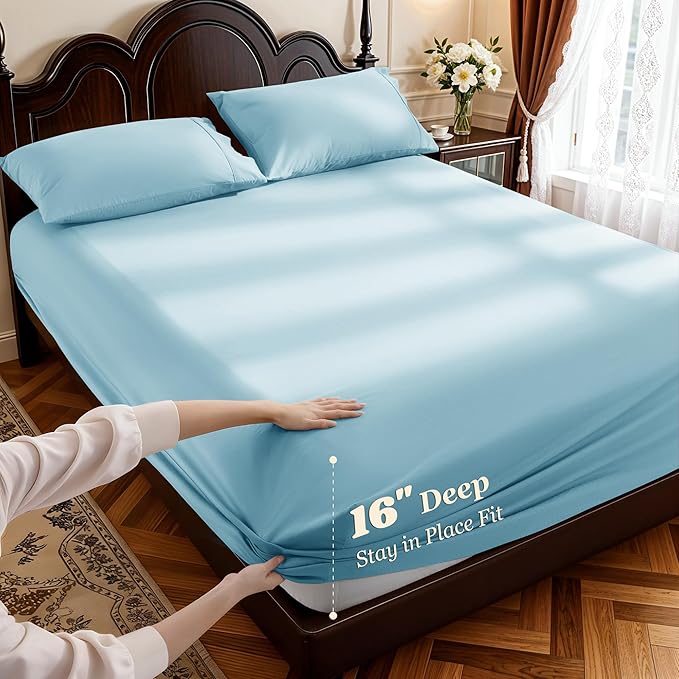 LBRO2M 1000 Thread Count 100% Egyptian Cotton Sheets Set King Size, 4 Piece Sets Bed Sheet Deep Pocket Sheet Set 16" Soft Comfortable All Season (King, Light Blue)