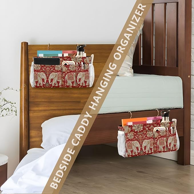 Bedside Caddy Hanging Bunk Bed Caddy Bed Organizer Hanging Pocket with 2 Hooks Bedside Storage Organizer Pocket Bag Holder Red Retro Elephant Flowers