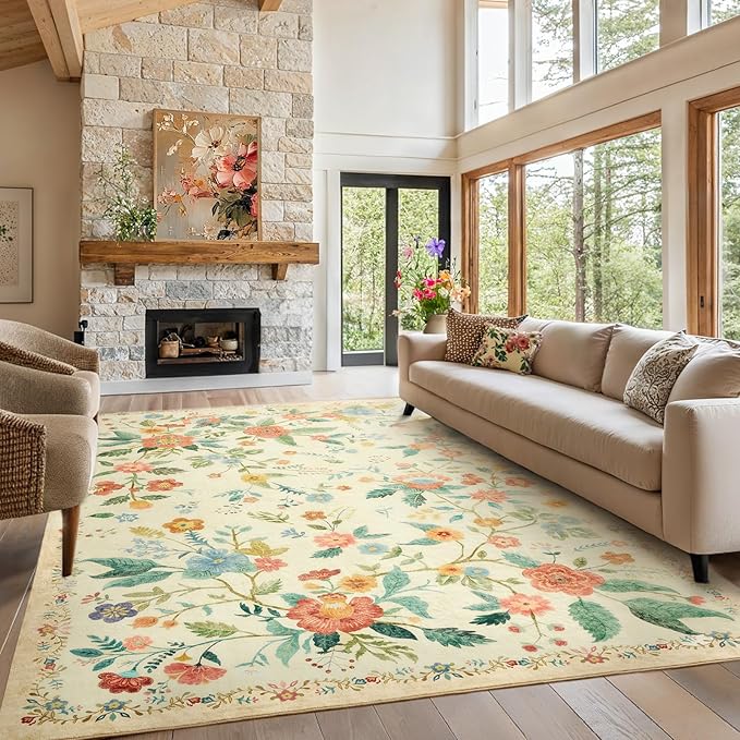 Amada 6x9 Area Rugs, Non-Slip & Low-Profile Living Room Rug with Reinforced Edge Binding, Soft Large Washable Boho Floral Rugs for Living Room, Bedroom, Dining Room