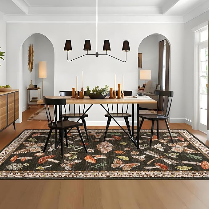 Mushroom Washable Rug 9x12 Area Rugs for Living Room, Insect Print Rug for Bedroom, Non Slip Throw Rugs with Rubber Back, Soft Low Pile Dining Room Under Table, Brown