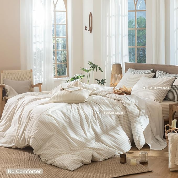 MooMee Striped Duvet Cover Set 100% Washed Cotton Linen Like Textured Breathable Durable Soft Comfy (Almond Milk Grey Classic Stripes, Full 80"x90")