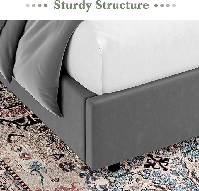 HOMBCK Full Size Bed Frame, Grey Upholstered Platform Bed Frame with Headboard, Velvet Tufted, Curved Wingback Design, Wooden Slats, No Box Spring, Noise Free, Easy Assembly