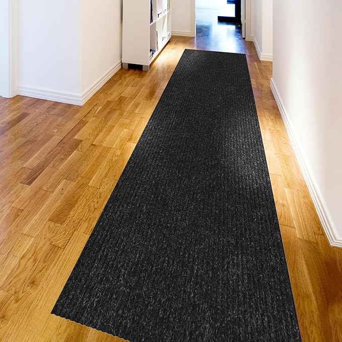 Ottomanson 2' x 42' Hallway Runner with Scraper Pile Extra Durable Non-Slip Rug Mat for Indoor & Outdoor Use - Ideal for Kitchen, Entryway, Patio & Garage - High-Traffic Carpet, Black