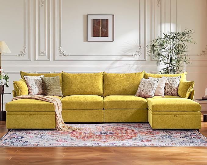 ABCASA 134.6" Oversized Modular Sectional Sofa, 6 Seater U Shaped Couch with Storage Ottoman with Reversible Chaise Deep Seat for Living Room, Apartment - Chenille Yellow