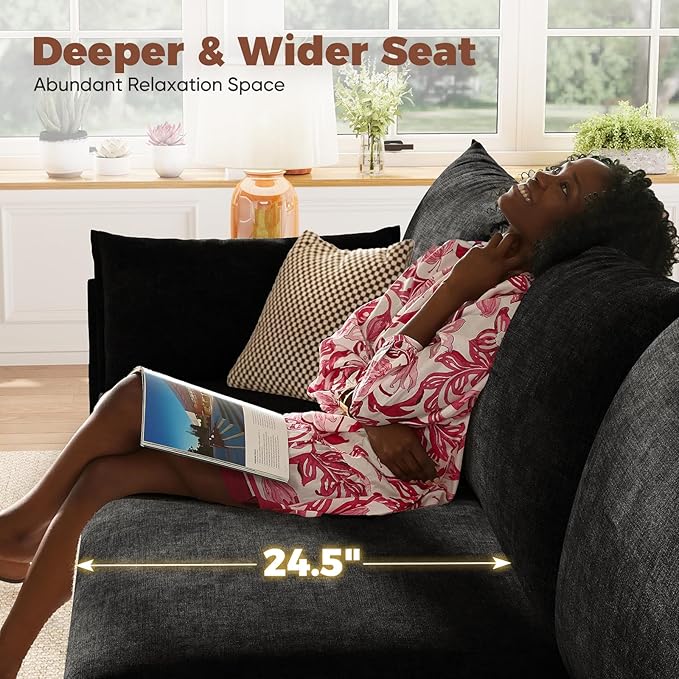 ABCASA Luxury Modular Sectional Sofa, L-Shaped 3-Seat Couch with Storage Ottoman Deep Seat & Reversible Chaise Lounge Chenille Black for Compact Spaces, Apartments, Dorm