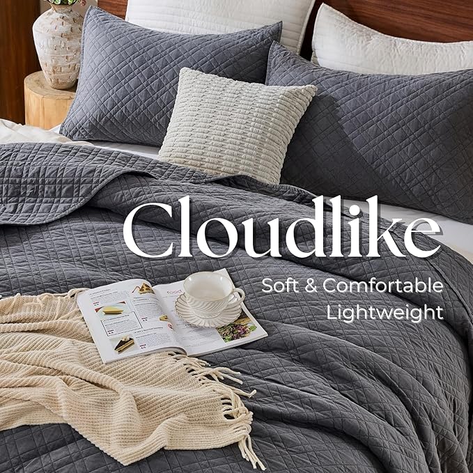 Queen Quilt Set with Shams Lightweight Quilted Bedspread Coverlet Thin Comforter Bed Cover Vintage Washed Quilted Blanket for All Season, Brushed Microfiber Diamond Stitching, Ash Gray, 88"x92"