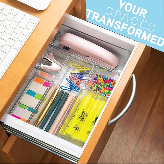primebox Six Pieces. Plastic Clear Drawer Organizers for Bathroom, Kitchen, Bedroom, Office. Organizer Bins, Storage Trays. Heavy Duty, Stackable, Non-Slip. 3 Sizes