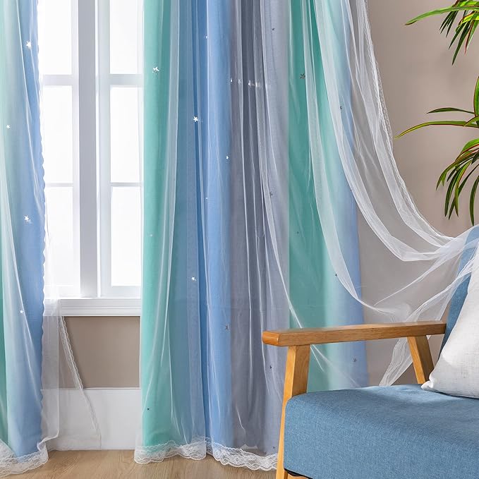 XiDi Curtains for Bedroom Decor, Rainbow BluGrenGrey-34-45
