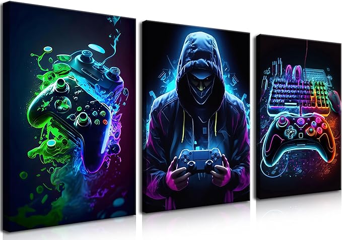BGFCE Cool Gaming Canvas Wall Art Set of 3, Retro Video Game Watercolor Poster Pictures, Neon Gamepad Gamepad Painting Prints Game Room Bedroom Wall Decor 16x24 in Framed
