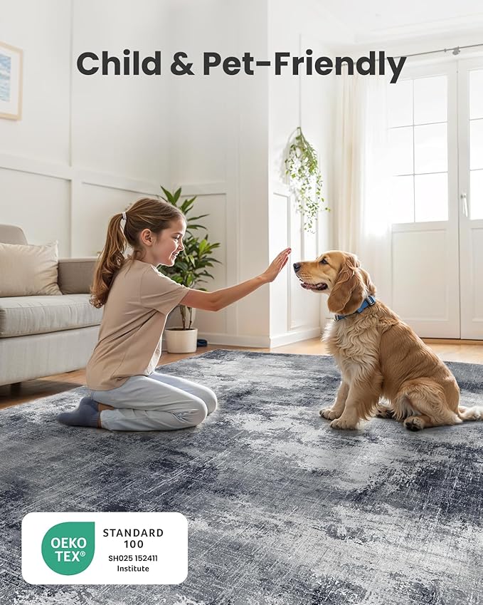 AMADA HOMEFURNISHING 9x12 Area Rugs for Living Room, Modern Large Area Rugs with Non-Slip Backing & Low Pile, Neutral Soft Washable Rug for Nursery, Bedroom, Dinning Room, Playroom, Grey