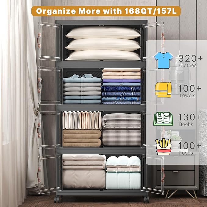 Extra Large Stackable Storage Bins with Lids & Wheels, Foldable Plastic Storage Bins (Dark, 1344QT-168QT/42GAL*8Pack)