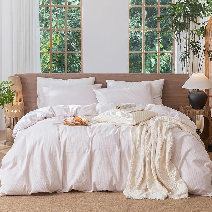 MooMee Striped Duvet Cover Set 100% Washed Cotton Linen Like Textured Breathable Durable Soft Comfy (Heathered Greyish Pink Pinstripes, Twin 68"x90")