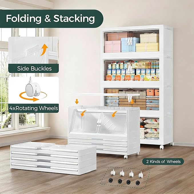 480QT Extra Large Stackable Storage Bins with Lid, 120Gal Collapsible Storage Box with Wheels and Doors, Plastic Closet Organizers and Storage Cabinet for Home Kitchen Office Dorm, 4Pack White