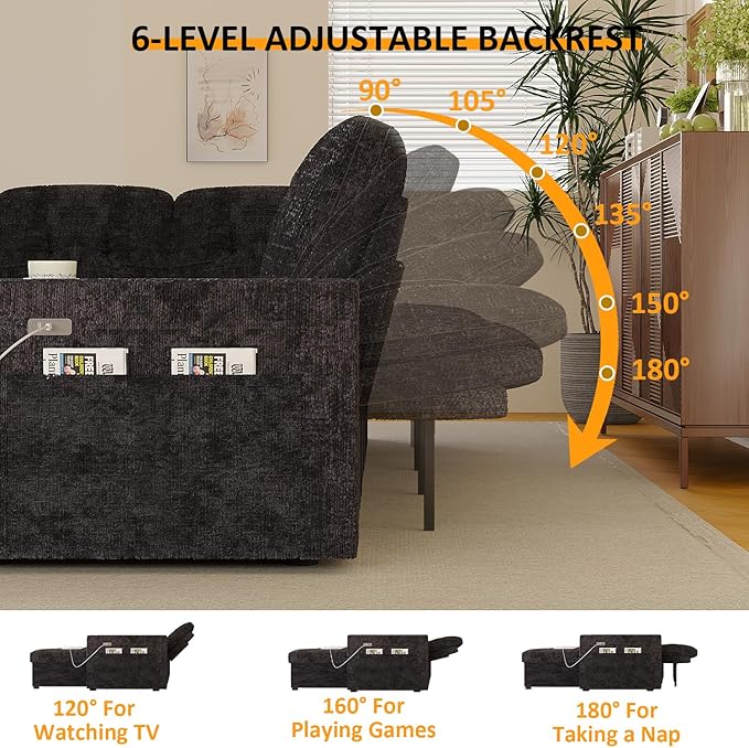 63 Inch Sleeper Sofa Bed, 4 in 1 Pull Out Couch Bed with Adjustable Backrest, Small Loveseat with Wide Armrest | USB Charging | Side Pockets | Cup Holders | Tool Free Assembly, Navy Blue
