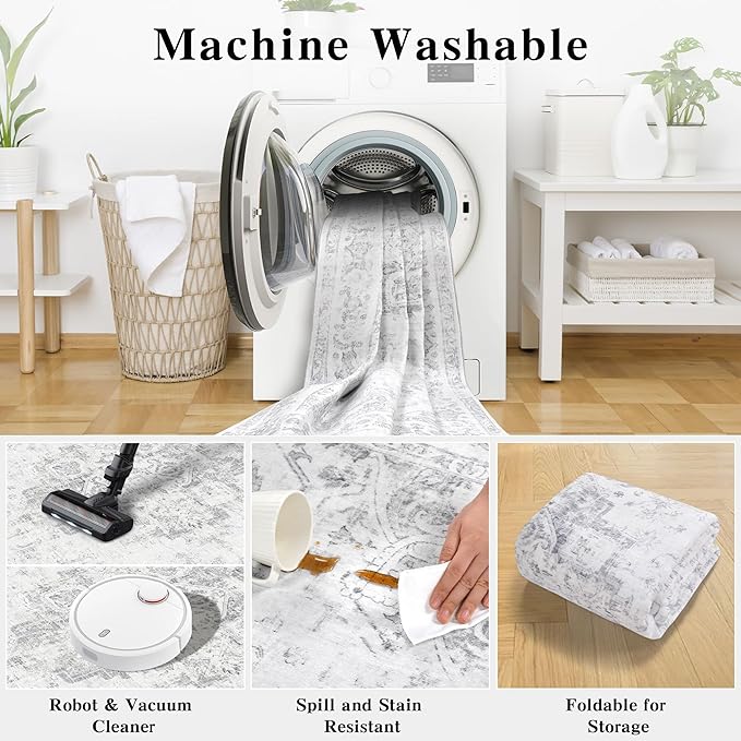 3x5 Vintage Washable Area Rugs Boho Medallion Large Distressed Retro Accent Carpet Floral Non-Slip Soft Low Pile Indoor Throw Rug for Living Room Bedroom Dining Room Office Kitchen, Gray