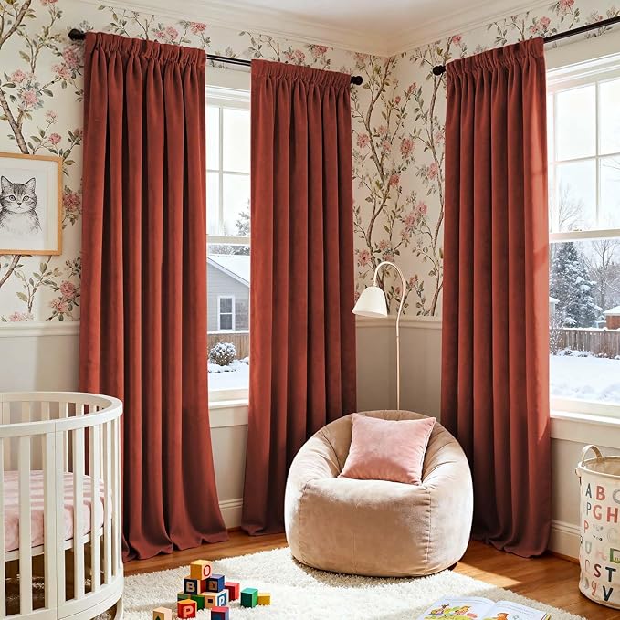 Lazzzy Velvet Blackout Curtains Thermal Insulated Room Window Drapes Super Soft Luxury Curtains for Living Room Bedroom Rod Pocket 2 Panels, Rust Red, 52" W x 96" L