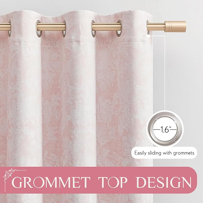 Beauoop Pink Floral Jacquard Blackout Curtains 96 Inches Long 2 Panels for Bedroom Living Room Chenille Flower Room Darkening Thermal Insulated Soundproof Grommet Window Treatments Drapes, 52x96