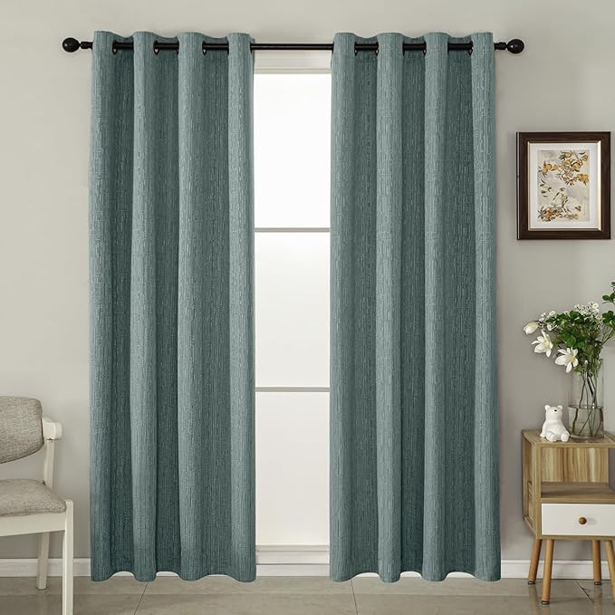 Jacquard Linen Curtains 96 inch Length 2 Panels Thick Faux Linen Blended Window Drapes Burlap Textured Curtains with Grommet for Living Room Bedroom Farmhouse (52x96 Lake Blue) Natural