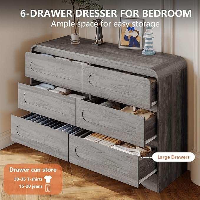 4 Pcs Bedroom Set, Dresser and Nightstand Sets, Modern Wooden Tall 6 Drawer Dressers, Wide 6 Drawers Dresser & Night Stand Set of 2 for Bedroom, Grey