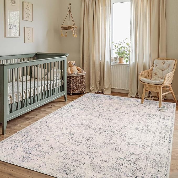 jinchan 8x10 Machine Washable Area Rugs for Living Room – Vintage Floral Soft Stain Resistant Low Pile Rug, Non Slip Ultra-Thin Carpet for Bedroom, Dining Room, Home Office, Nursery (8'x10', Ivory)