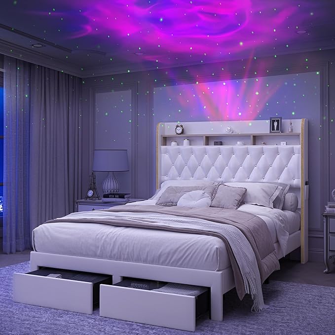 Queen LED Bed Frame with 2 Storage Drawers, PU Upholstered Platform Beds with Galaxy Star Projector Charging Station Speaker, Aurora Bedframe with 2-Tier Storage Headboard, Noise-Free, White
