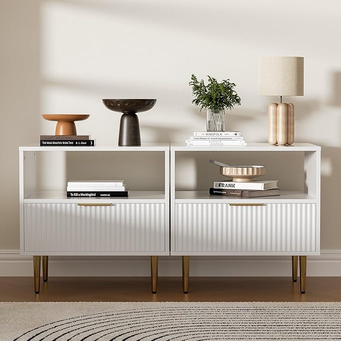 White Nightstand with Drawer, End Table with Storage, Bed Side Table with Open Space for Bedroom, Modern Nightstand with Golden Handle, Side Night Stand for Bedroom, Living Room, White