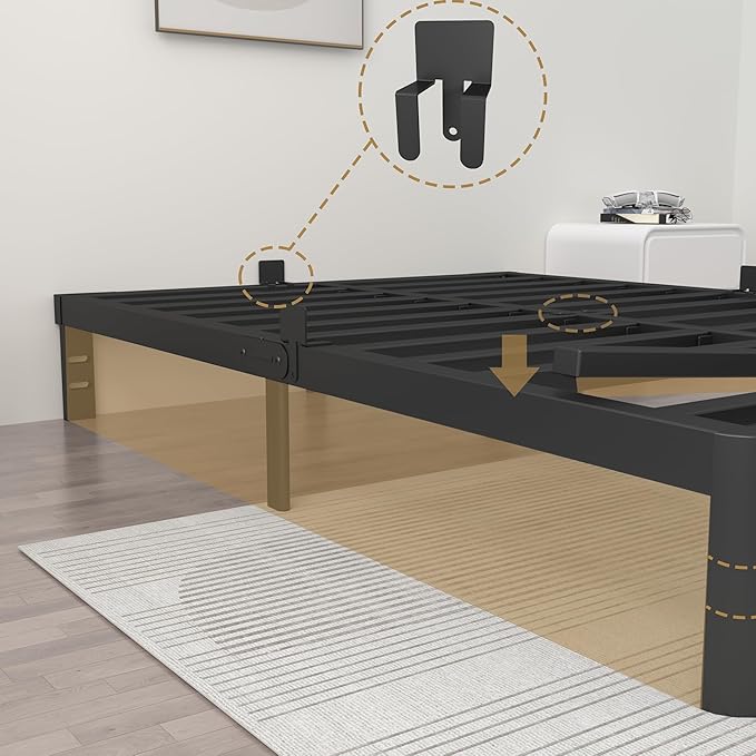 ITIMIDI 10 Inch Bed Frame Queen Size with Metal Gaskets, Heavy Duty Queen Platform Bed Frame No Box Spring Needed, DIY Headboard, Anti-Slip Mattress Stopper, Round Corner Leg, Easy Assembly, Black