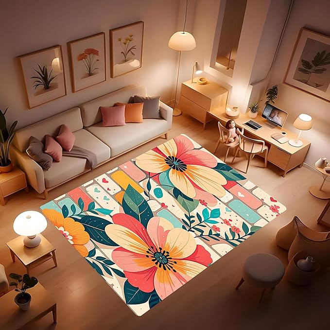 Machine Washable 5' x 7' Bohemian-Style Area Rug, Pink Floor mat, Suitable for bedrooms, Girls' Room Bedside, Living Room, Dining Room, Office, Non-Slip Low-Pile Printed Modern Floral Carpet