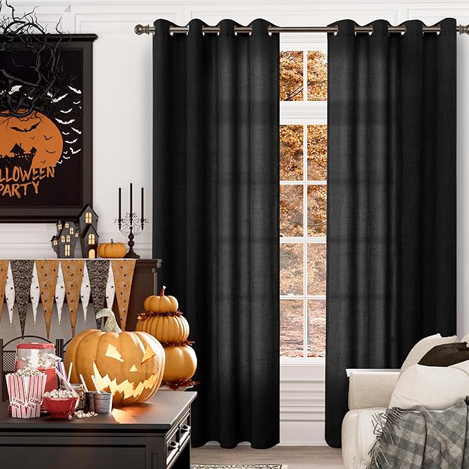 YoungsTex Black Linen Curtains 80 Inch Length for Living Room, Light Filtering Semi Sheer Window Drapes Bronze Grommet Privacy Halloween Decor for Dining Bedroom, 52 x 80 Inch, 2 Panels