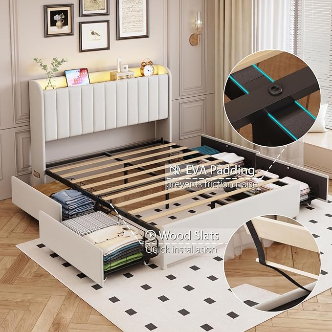 Full Bed Frame with 4 Drawers and Storage Headboard, Upholstered Platform Bed Frame Full Size with Led Lights and Handy Charging Station, No Box Spring Needed, Easy Assembly, Noise Free, Beige