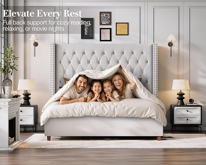 Jocisland California King Bed Frame with 61.4" Tall Wingback Headboard, Velvet Upholstered Platform Bed, Handcrafted Pleats& Deep Button Tufted, Solid Wood Legs, No Box Spring Required, Cream