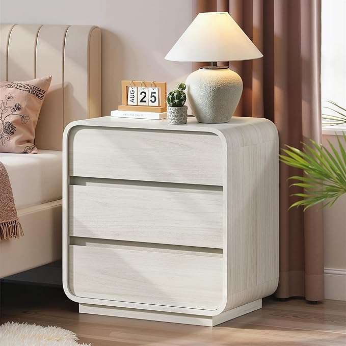 White Nightstand with Charging Station, 25" Tall Wood Bedside Table, Modern Dresser End Table with 3 Storage Drawers, Curved Profile, Mid Century Night Stand for Bedroom Dorm Sofa Office