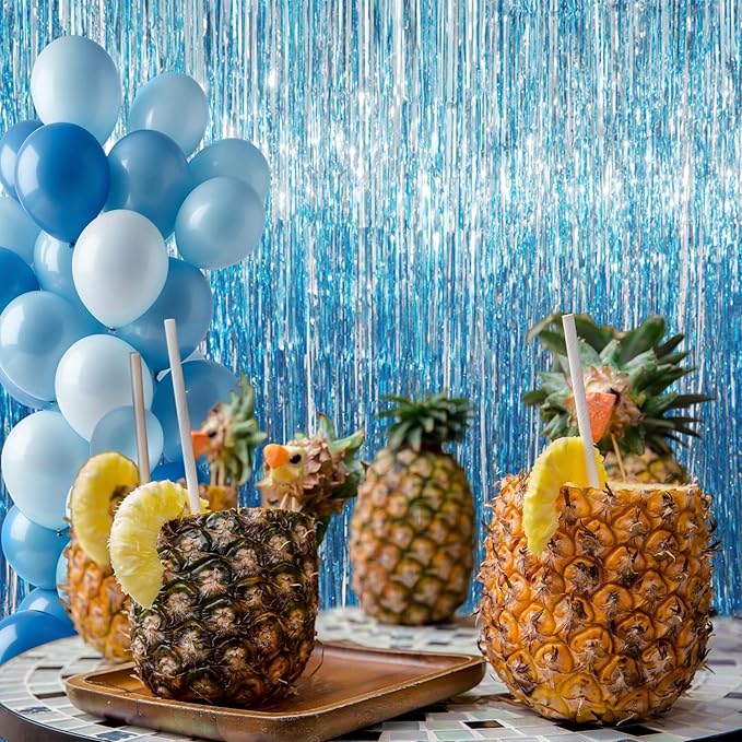 GOER 3.2 ft x 8.2 ft Metallic Tinsel Foil Fringe Curtains Party Photo Backdrop Party Streamers for Birthday,Graduation,New Year Eve Decorations Wedding Decor (Light Blue,3 pcs)