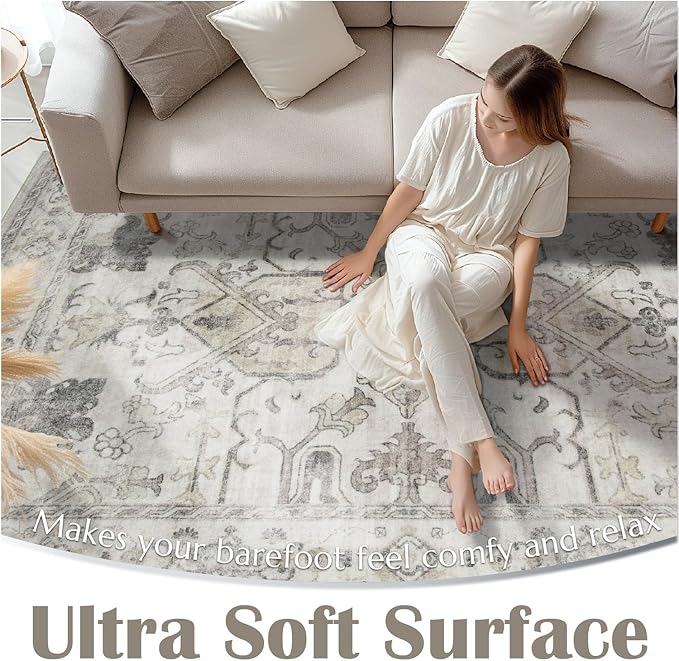 jinchan Hallway Runner Rug 3x8 Machine Washable - Vintage Floral Non-Slip Low-Pile Soft Ultra-Thin Faux Wool Kitchen Rug Distressed Carpet Runner for Farmhouse Bedroom Laundry Room (3x8ft, Taupe)