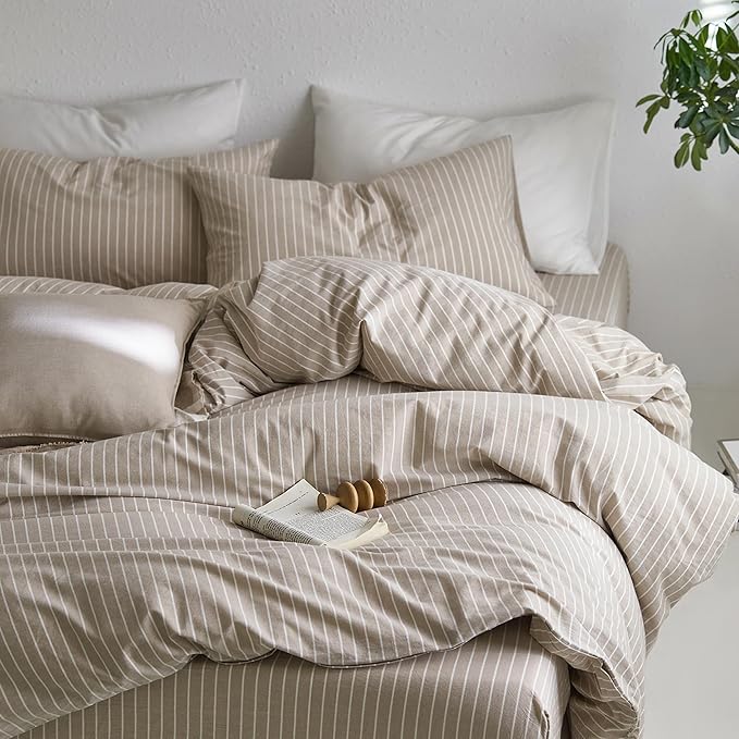 MooMee Striped Duvet Cover Set 100% Washed Cotton Linen Like Textured Breathable Durable Soft Comfy (Tannish Linen Grey White Wide Stripes, Palatial King/Oversized King 120"x98")