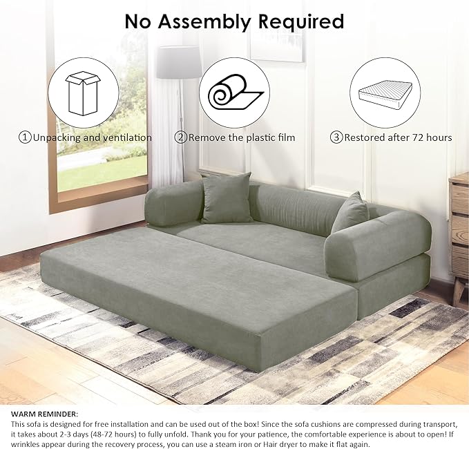 80" Convertible Sofa Bed, Corduroy Deep Seat Folding Pull Out Couch with Pillows, No Assembly Modern Boneless Couch Compression Sofa in Box, Floor Sofa with Storage Pocket for Living Room,Light grey