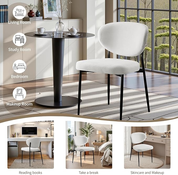 Upholstered Dining Chairs Set of 2 Modern Chenille Dining Room Chairs Wide Cushion with 58D Memory Foam Ergonomic Wingback Kitchen Chairs with Black Metal Leg for Living Room/Bedroom White