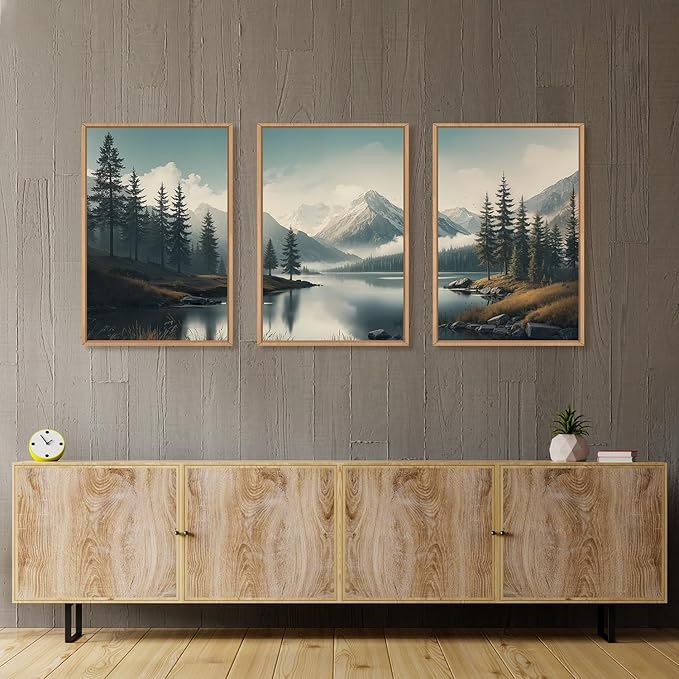 LHIUEM Large Mountain Misty Forest Framed Canvas Wall Art,Nature Ridge Foggy Wall Decor,Snow Lake Woodland Wall Painting,Pine Tree Artwork for Living Room,Bedroom,Dining Room,Office -24"x36"x3