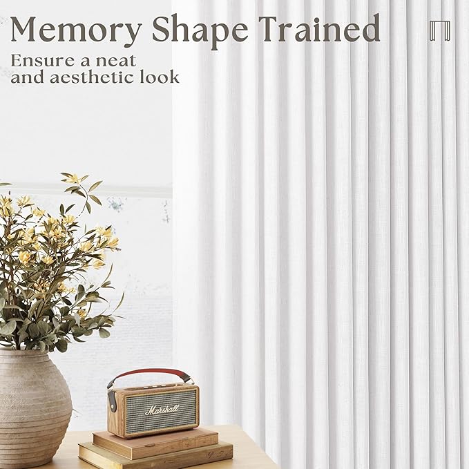 100 Inch Linen Pleated Curtains 2 Panels Set for Living Room Bedroom Farmhouse Cotton Linen Blend Back Tab Memory Shape Trained Pinch Pleat Window Curtain Snow White 100 Inch Length for Office Home