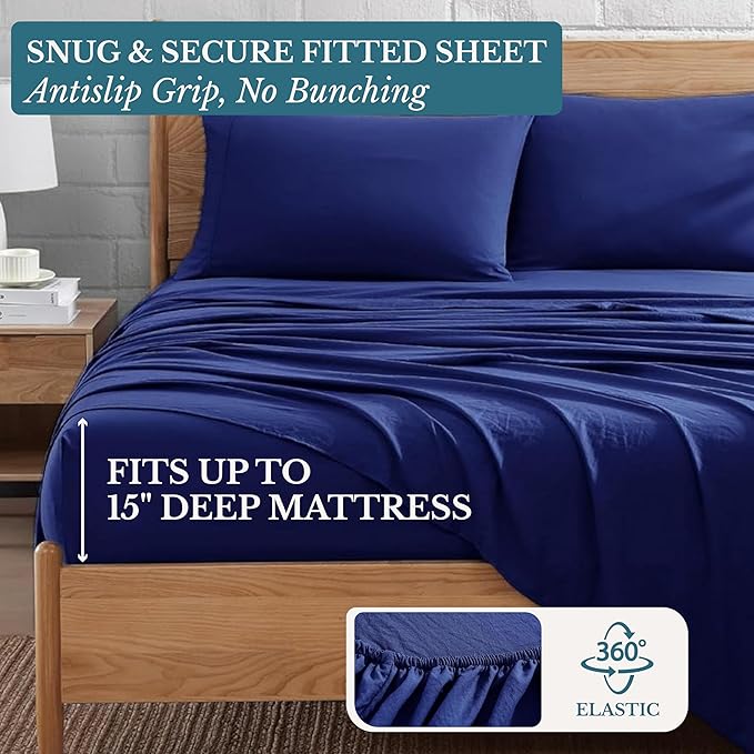Casa Platino Full Size Bedding Set, Pre-Washed Ultra Soft & Breathable Bed Sheets Set, Brushed Microfiber, Fade Resistant, Full Sheets with Deep Pockets - Navy Blue