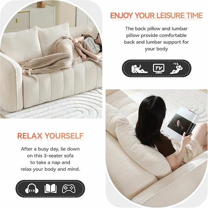 Corduroy Boneless Living Room Sets, Modern Upholstered 3 Seater Sofa with 2 Signle Accent Chairs, Comfy Deep Seat Cloud Sofa Couch Sets for Living Room, White