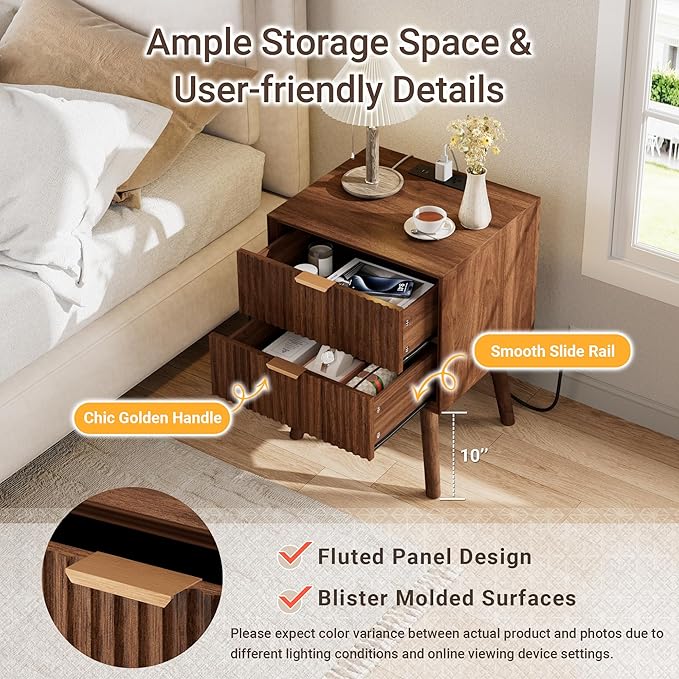 Fluted Nightstand, Beveled Edges Night Stand, 2 Drawer Nightstand with Charging Station, Wooden End Table with Solid Wood Legs, Modern Bedside Table for Bedroom Sofa Home Office, Walnut