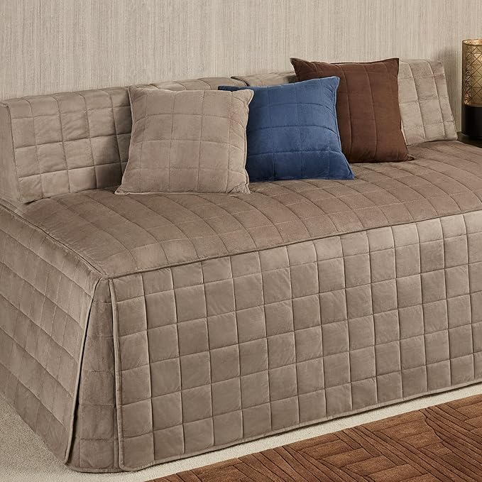 Camden Luxury Bedding | Neutral Sand Color | Fitted Hollywood Daybed Bedding | Faux Suede Box Quilted Design | 5 Piece Set Includes Hollywood Cover, 2 Bolster Shams, and 2 Bolster Pillows