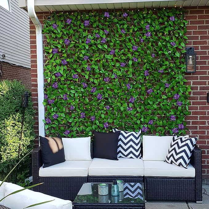 GLANT Expandable Fence Privacy Screen for Balcony Patio Outdoor,Decorative Faux Ivy Fencing Panel,Artificial Hedges (Single Sided Leaves) (2, Purple Flowers)