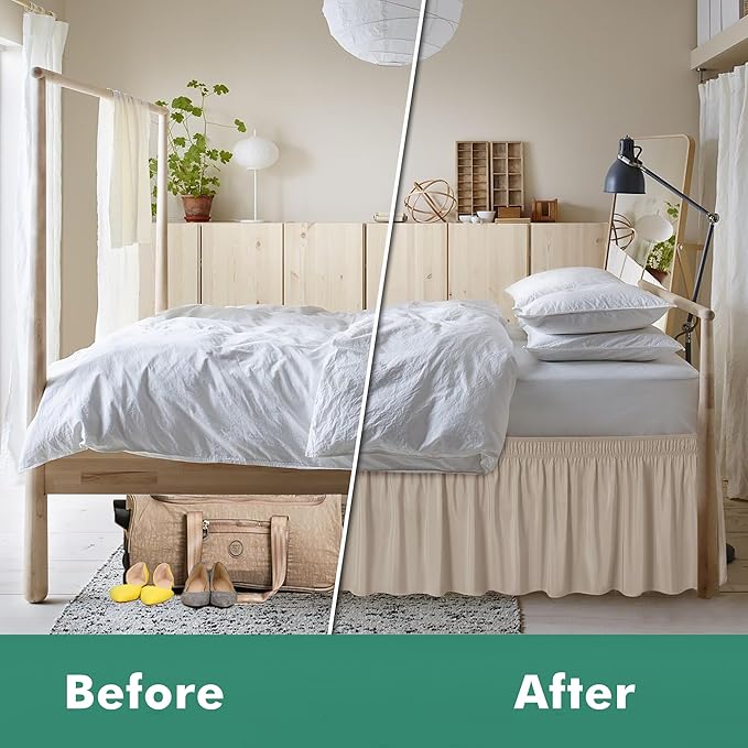 Biscaynebay Wrap Around Bed Skirts with Split Corners for King Beds 16" Drop, Light Camel Elastic Dust Ruffles Adjustable Easy Fit Wrinkle & Fade Resistant Silky Luxurious Fabric Machine Washable