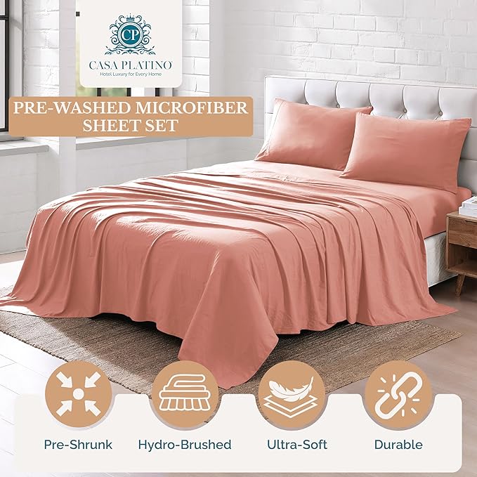 Casa Platino Bedding Sheets & Pillowcases, Pre-Washed Ultra Soft & Breathable Bed Sheets Twin, Brushed Microfiber Sheet Set, Fade Resistant Twin Size Sheets Set with Deep Pockets - Rose Dawn