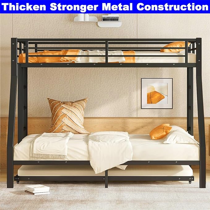 Upgraded Version Thicken Heavy Duty Metal Twin Over Full Bunk Bed with Twin Size Trundle, Modern Style Stronger Bunk Bed Frame Twin Over Full Size for Adults, Easy Assembly (Twin/Full)