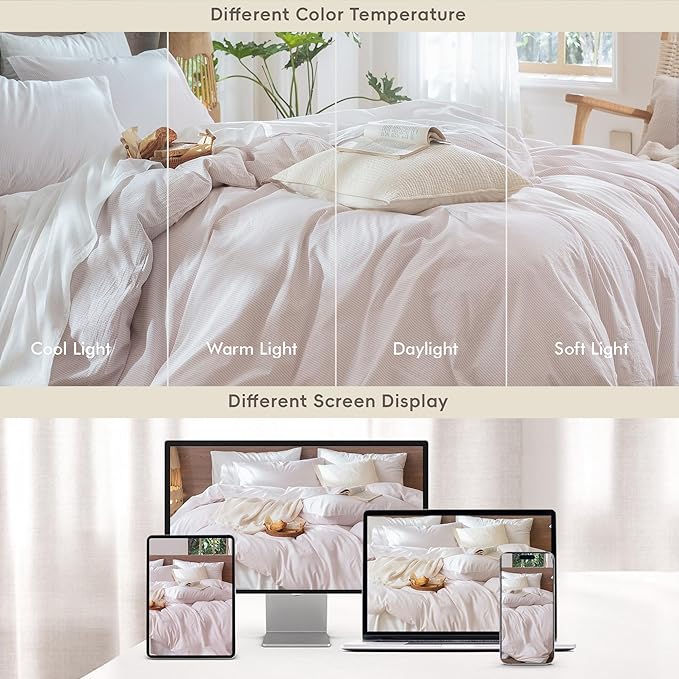 MooMee Striped Duvet Cover Set 100% Washed Cotton Linen Like Textured Breathable Durable Soft Comfy (Heathered Greyish Pink Pinstripes, King 104"x90")